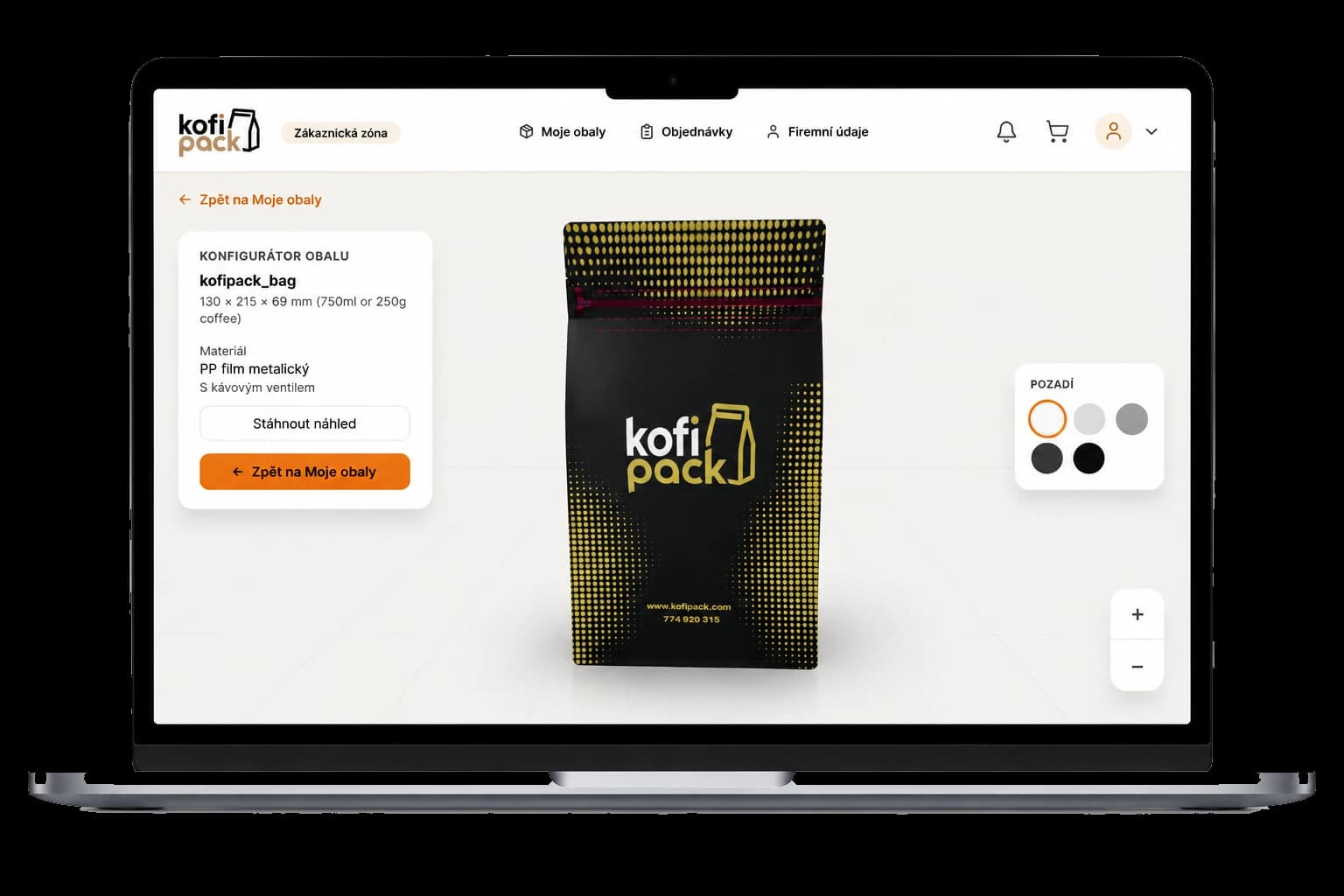 Konfigurátor Kofipack na počítači s náhledem flat bottom sáčku a cenami